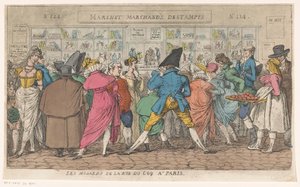 حشد أمام نافذة الناشر آرون مارتينيه في شارع دو كوك في باريس Les musards de la rue du Coq a Paris (العنوان على الكائن) بواسطة توماس رولاندسون (منسوب إلى)