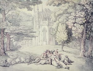 كلية خضراء مع مجموعة من الفتيات والشباب في المقدمة ، حوالي 1810-15 (قلم حبر وألوان مائية فوق قلم رصاص على ورق) بواسطة توماس رولاندسون