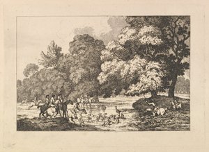 صيد الغزلان - مشهد طبيعي مع الأيل والكلاب في النهر ، 1787. بواسطة توماس رولاندسون