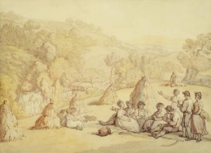 الحاصدون يستريحون في حقل ذرة ، حوالي 1805-10 (قلم وحبر مع غسل على الورق) بواسطة توماس رولاندسون