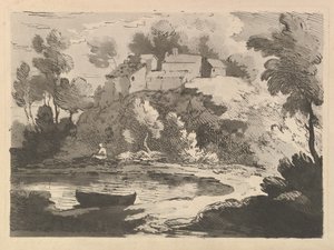 منظر نهر هيلي ، قارب في الماء على اليسار الأمامي ، شكل على الشاطئ البعيد ... ، 1783-84. بواسطة توماس رولاندسون