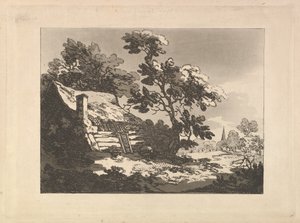 منظر طبيعي مع كوخ بين الأشجار على اليسار ، وكنيسة برج بعيدة عند اليمين ، 1783-84. بواسطة توماس رولاندسون