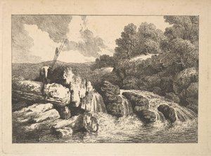 منظر طبيعي مع صيادين يتسلقان الصخور بجوار شلال ، 1784-88. بواسطة توماس رولاندسون