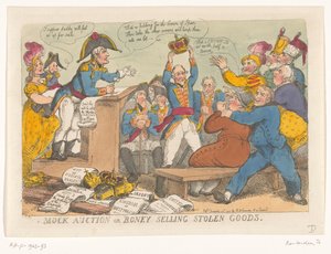 يبيع نابليون البضائع المسروقة ، 1813 المزاد الوهمي أو بيع Boney للبضائع المسروقة (العنوان على الكائن) بواسطة توماس رولاندسون