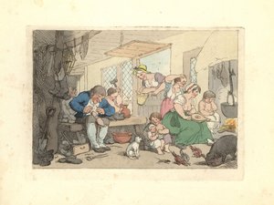 Regency cobbler mending shoes in a crowded room. بواسطة توماس رولاندسون