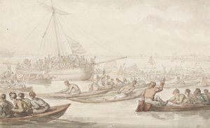سباق التجديف السنوي لمعطف وشارة Doggett ، حوالي 1805-10 (قلم رصاص وقلم وحبر وألوان مائية على ورق) بواسطة توماس رولاندسون