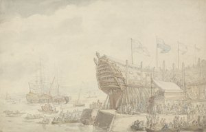 إطلاق HMS &39;Hibernia&39; في ديفونبورت ، حوالي عام 1804 (قلم وحبر وألوان مائية على ورق) بواسطة توماس رولاندسون