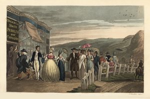 المتنزه: السياح العصريون يتجولون خارج متجر Cracknill Shells و Pebbles and Curiosities. نقش على لوح نحاسي ملون يدويًا بواسطة توماس رولاندسون ، مائي بواسطة JC Stadler ، بعد رسم تخطيطي لـ J. Green من الرسومات الشعرية لـ Scarborough ، Acker بواسطة توماس رولاندسون