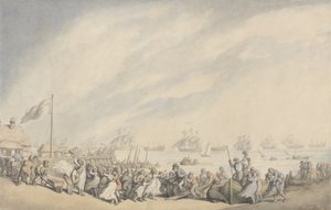 عودة الأسطول إلى جريت يارموث بعد هزيمة الهولنديين عام 1797 ، حوالي 1797 (قلم حبر وألوان مائية على ورق) بواسطة توماس رولاندسون