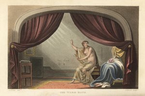 الحمام الدافئ: امرأة عارية تستحم خلف الستائر في غرفة ريجنسي. يُقال أنها صورة لماري روبنسون ، عشيقة الملك جورج الرابع. نقش على لوح نحاسي ملون يدويًا لتوماس رولاندسون ، مائي بواسطة J. Bluck ، بعد رسم بواسطة J. Green من P بواسطة توماس رولاندسون