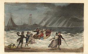 The Water Party: السائحون يتركون رحلة بحرية بسبب سوء الأحوال الجوية. نقش على لوح نحاسي ملون يدويًا بواسطة توماس رولاندسون ، مائي بواسطة جيه سي ستادلر ، بعد رسم تخطيطي من قبل جي جرين من الرسومات الشعرية في سكاربورو ، أكرمان ، لندن بواسطة توماس رولاندسون