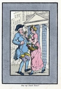 بائع زهور متجول ، يقترب من رجل مبتسم مع باقة صغيرة من الورود (1819). نقش الخشب ، بناءً على لوحة رسمها توماس رولاندسون (1756-1827) ، نُشرت في The Cris of London: مع ستة أطفال ساحرين وحوالي 40 رسمًا توضيحيًا ، ب بواسطة توماس رولاندسون