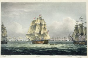 سفينة HMS Victory للإبحار للخط الفرنسي يحيط بها Euryalus و HMS Temeraire في معركة Trafalgar ، 21 أكتوبر 1805 ، منقوش بواسطة T. Sutherland لـ &39;The Naval Chronology of Great Britain&39;