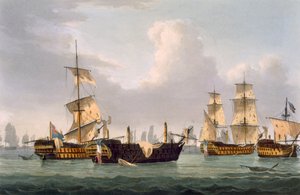 عمل اللورد Hotham ، 14 مارس 1795 ، محفور من قبل توماس ساذرلاند من أجل الإنجازات البحرية لـ Jenkins ، 1816 (نقش الألوان)