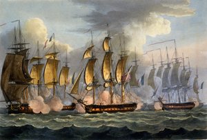 The Capture of La Prévoyante and La Raison ، 17 مايو 1795 ، من "الإنجازات البحرية لبريطانيا العظمى" لجيمس جينكينز ، محفور بواسطة توماس ساذرلاند ، تم نشره عام 1817 (ألوان مائية يدوية)
