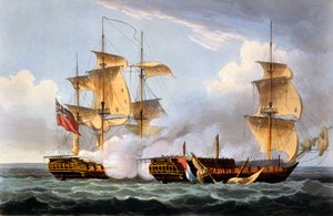 The Capture of La Vestale ، 20 أغسطس 1799 ، من "الإنجازات البحرية لبريطانيا العظمى" لجيمس جينكينز ، نقشها توماس ساذرلاند ، نُشر عام 1817 (ألوان مائية يدوية)