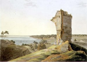 منظر من أطلال حصن كورا ، على نهر الغانج ، اللوحة 21 من الجزء 4 من "المشهد الشرقي" ، حانة. 1803 (أكواتينت) بواسطة توماس وويليام دانييل