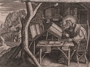 Saint Evagrius Ponticus immersed in his studies, etching and burin by Thomas de Lieu (1560-1612)