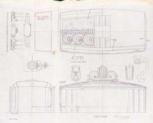 رسم تصميم لقطعة مركزية في معرض Tiffany & Co واثنين من الشمعدانات ثلاثية الأضواء ، تم إعدادهما للمعرض العالمي لعام 1939 ، حوالي عام 1939 (حبر على ورق) بواسطة تيفاني وشركاه