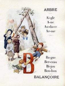 الحرفان A و B يمثلان الأطفال يلعبون الأرجوحة ، أواخر القرن التاسع عشر (الطباعة الحجرية الملونة)
