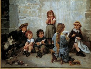 المقطع المثير أطفال يستمعون إلى كتاب. لوحة تيموليون لوبريشون (1831-1914) القرن التاسع عشر. مجموعة خاصة