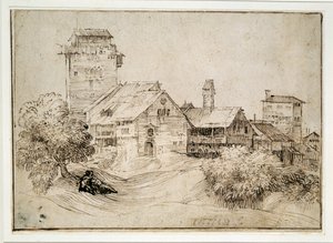Alpine village and lovers embracing (pen & ink on paper)