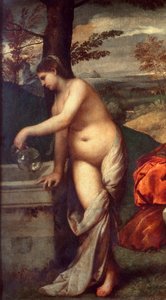 حفلة الفرقة موسيقيون على العشب والنساء عاريات. تفصيل لأحدهم يملأ إبريقه بالنافورة. لوحة منسوبة إلى تيزيانو فيسيليو ديت لو تيتيان (1485-1576) أو جورجيو دا كاستيلفرانكو ديت جورجوني (1476 / 1478-1510) صن. 1،05 × 1،36 م Pari