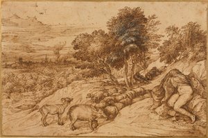 A woody landscape with a nude woman, her head concealed by a cloak (pen & brown ink on cream paper) بواسطة تيتيان (1488-1576)