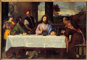 Dinner at Emmaus Meet Jesus with pelerins. Painting by Tiziano Vecellio dit le Titian (1485-1576) 16th century Sun. 1,69x2,44 m بواسطة تيتيان (1488-1576)