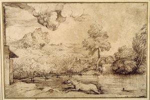 Landscape: a riderless horse pursued by a serpent (pen & brown ink on cream-coloured paper) بواسطة تيتيان (1488-1576)