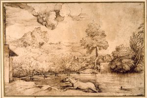 Landscape: a riderless horse pursued by a serpent (pen & brown ink on cream paper) بواسطة تيتيان (1488-1576)