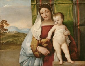 "Madonna zingarella" (La madone bohemienne) (The Gipsy Madonna) لوحة تيزيانو (تيتيان أو تيتيان) (1488-1576) حوالي عام 1510 - زيت على خشب خافت 65.5x83.5 سم متحف تاريخ الفن ، فيينا بواسطة تيتيان (1488-1576)