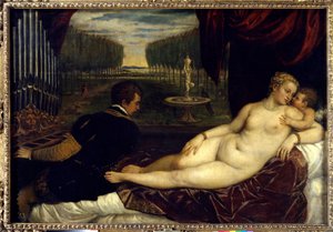 رسم فينوس والحب والموسيقى بواسطة تيزيانو فيسيليو المسمى تيتيان (1485-1576)