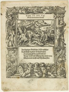موسى والشجيرة المحترقة (وجه الوجه) والرضع موسى في النهر (ظهر) من Neue künstliche Figuren biblischer Historien ، اللوحة 55 من Woodcuts من كتب القرن السادس عشر بواسطة موالف توبياس