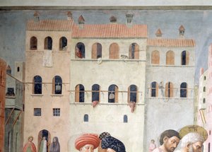القديس بطرس شفاء المشل ورفع تابيثا تفاصيل العمارة الخلفية ، ج 1427 فريسكو انظر أيضا 57195 بواسطة توماسو ماسولينو دا بانيكال