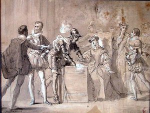مشروع "هنري الثاني" بواسطة الكسندر دوما (1802-70) (قلم وغسل على ورق)