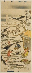 الربيع: نقع حبوب الأرز (Haru: tanehitashi no zu) ، رقم 1 من سلسلة "الفصول الأربعة للمزارعين (Shiki no hyakusho)" بواسطة Torii Kiyomasu II