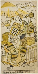 الممثل Ichikawa Ebizo II في دور Goto Saemon في مسرحية "Tokaido Yukumi Guruma" ، التي عُرضت في مسرح Ichimura في الشهر الثامن ، 1736 بواسطة Torii Kiyomasu II
