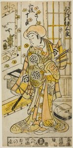 الممثل Ogino Isaburo I في دورين ، Tora و Soga no Juro ، في مسرحية "Juhakko Imayo Soga" التي قدمت في مسرح ناكامورا في الشهر الأول ، 1734 بواسطة Torii Kiyomasu II