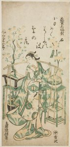 الممثل Onoe Kikugoro I ، الورقة اليمنى من "Flower Vendor Triptych (Hanauri sanpukutsui)" بواسطة Torii Kiyomasu II