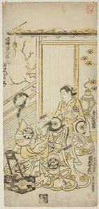 الممثلان Tamazawa Saijiro I بدور Oiso no Tora و Ichimura Uzaemon VIII في دور Soga no Juro في مسرحية "Haru wa Akebono Kuruwa Soga" التي عُرضت في مسرح Ichimura في الشهر الأول ، 1743 بواسطة Torii Kiyomasu II