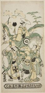 الممثلون Tamazawa Saijiro I بدور Ushiwakamaru و Segawa Kikunojo I في دور Oroku ، و Otani Oniji I في دور Matano Goro في مسرحية "Sazareishi Suehiro Genji" التي عُرضت في مسرح Nakamura في الشهر الأول عام 1744 بواسطة Torii Kiyomasu II