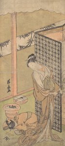 Oiran in Night Attire ، تتوقف ، بيد واحدة على الشاشة التي تحيط بسريرها ، ... ، ca. 1770. بواسطة توري كيوناجا