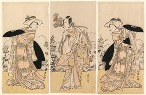 Bando Mitsugoro II بدور Tennen no Mansaku-kitsune و Ichikawa Monnosuke III في دور Nikaido Shinanonosuke و Iwai Hanshiro IV في دور Okura no Kojoro-kitsune في المشهد من الدراما Moto Mishi Yuki Sakae Hachi-no-ki (Nidaime Bando no Tennen no mansaku بواسطة توري كيوناجا