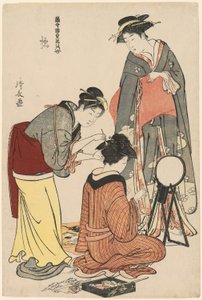 فنانو تاتشيبانا ، من سلسلة "مجموعة من الجمال المعاصر لأحياء المتعة (Tosei yuri bijin awase)" بواسطة توري كيوناجا