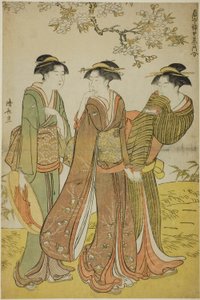 نزهة الربيع ، من سلسلة "مجموعة من الجمال المعاصر لأحياء المتعة (Tosei yuri bijin awase)" بواسطة توري كيوناجا