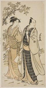 الممثل Ichikawa Monnosuke II وزوجته ، من سلسلة بدون عنوان من المطبوعات تظهر الممثلين في الحياة الخاصة بواسطة توري كيوناجا