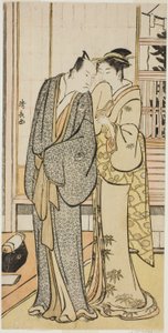 الممثل Ichikawa Yaozo III مع غيشا ، من سلسلة بدون عنوان من المطبوعات التي تُظهر الممثلين في الحياة الخاصة بواسطة توري كيوناجا