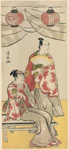 الممثلان Ichikawa Monnosuke II و Segawa Kikunojo III ، من مجموعة خماسية من أحد عشر ممثلاً يحتفلون بمهرجان ضريح الأخوين سوجا بواسطة توري كيوناجا