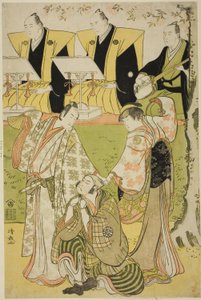 الممثلون Ichikawa Monnosuke II بدور Munesada ، و Segawa Kikunojo III في دور المحظية Sumizome ، و Nakamura Nakazo I في دور Sekibei ، في مسرحية "Tsumoru Koi Yuki no Seki no To" التي تم عرضها في مسرح كيري في الشهر الحادي عشر ، 1784 بواسطة توري كيوناجا